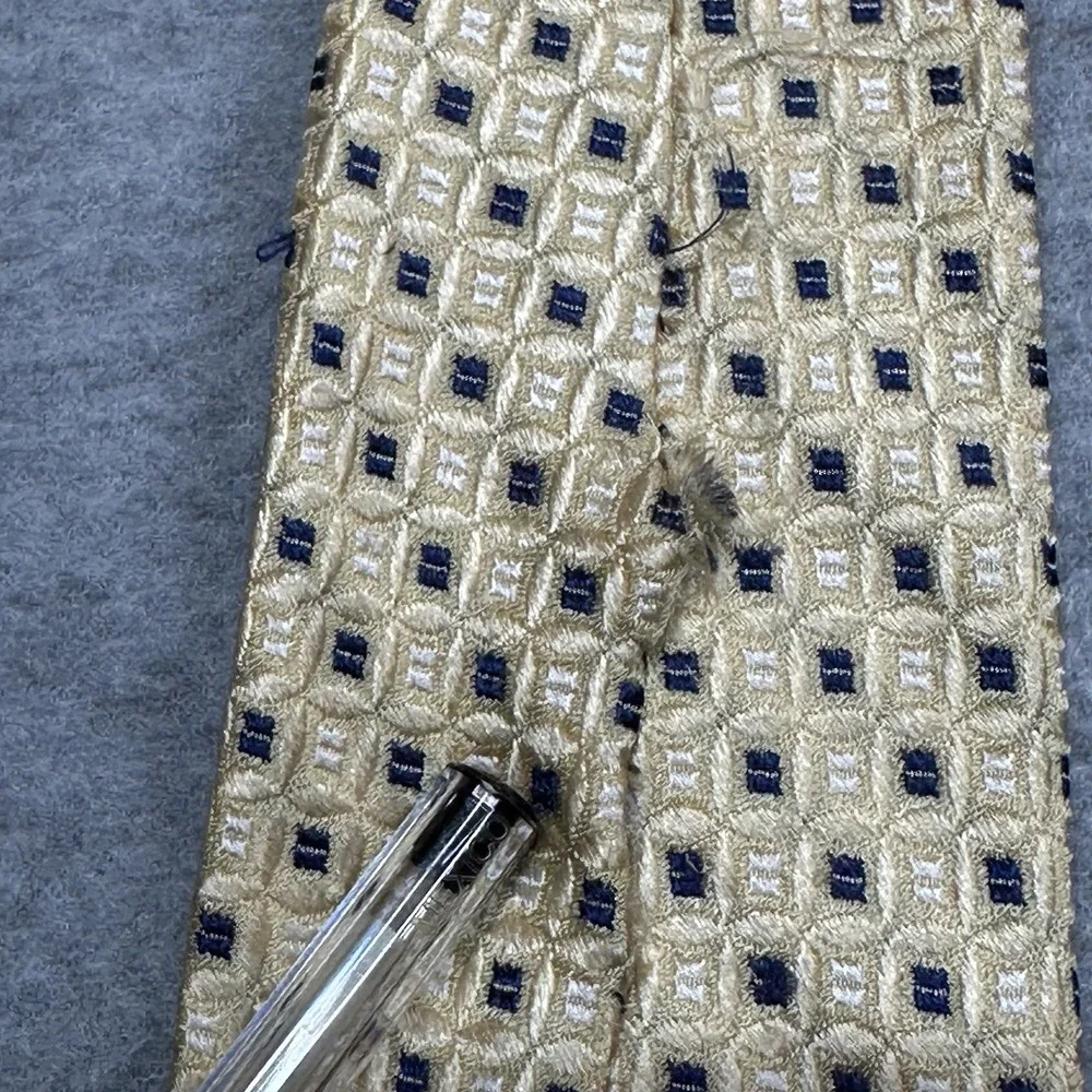 VTG Tommy Hilfiger Necktie Yellow Blue Geometric Navy Stripe Tail 100% Silk NOTE